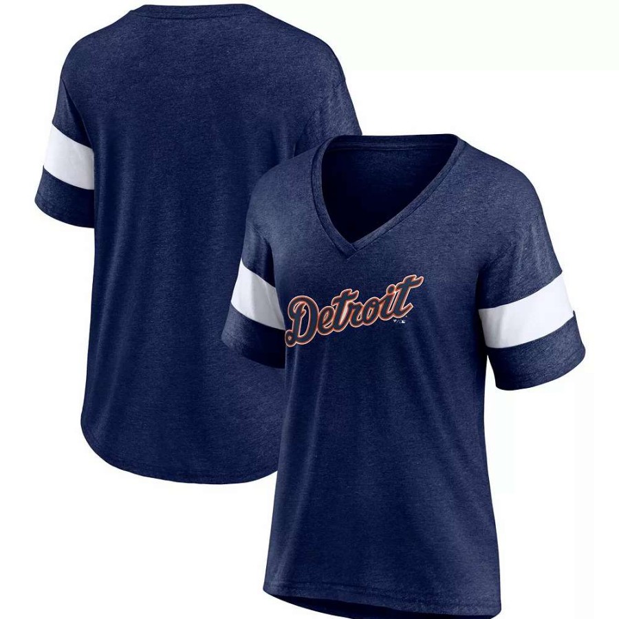 Tops * | Women'S Fanatics Branded Heathered Navy Detroit Tigers Wordmark V-Neck Tri-Blend T-Shirt