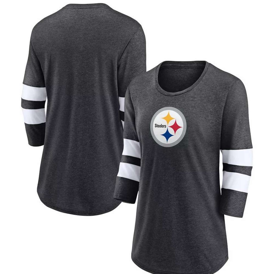 Tops * | Women'S Fanatics Branded Heathered Charcoal Pittsburgh Steelers Primary Logo 3/4 Sleeve Scoop Neck T-Shirt