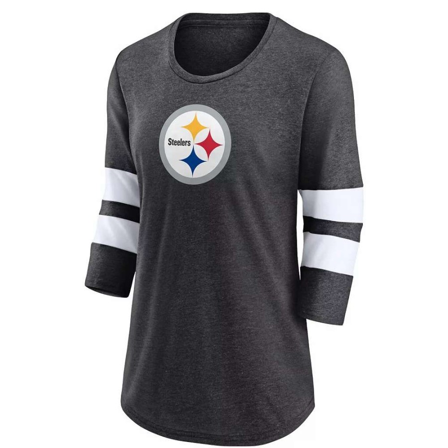 Tops * | Women'S Fanatics Branded Heathered Charcoal Pittsburgh Steelers Primary Logo 3/4 Sleeve Scoop Neck T-Shirt