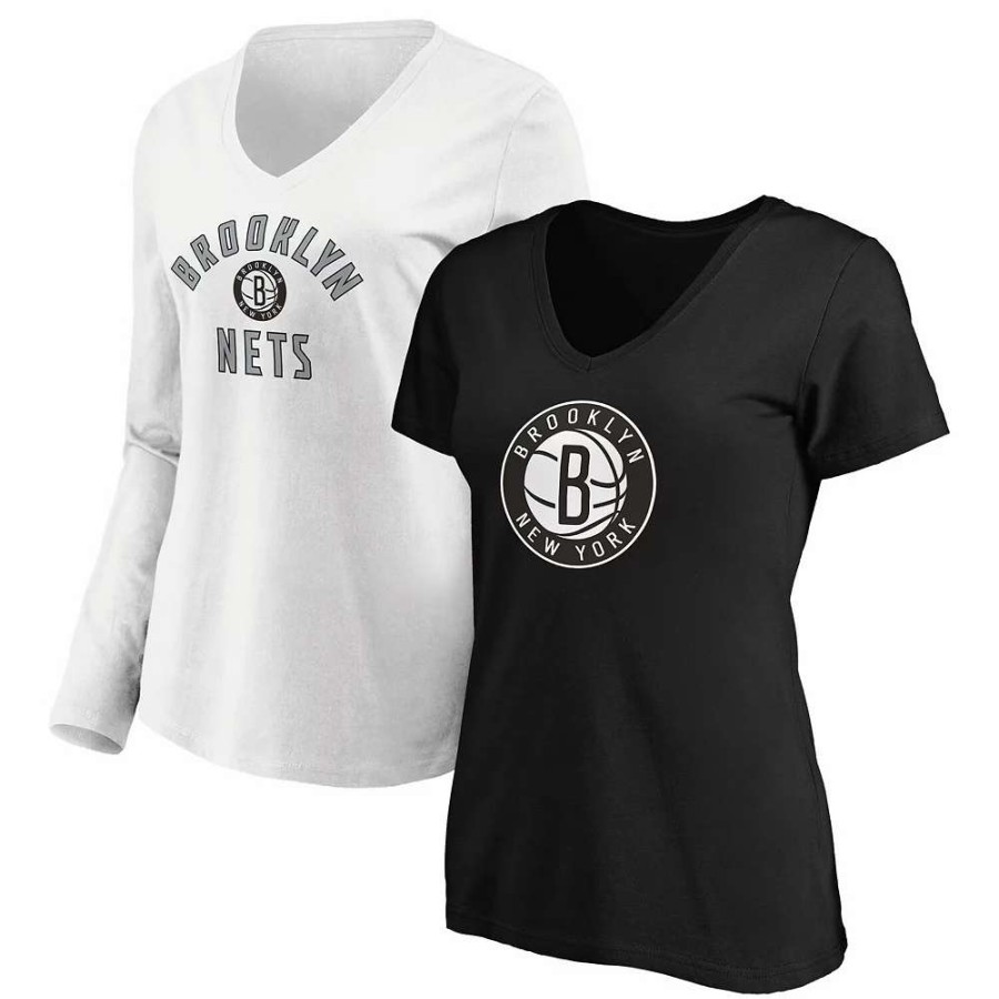 Tops * | Women'S Fanatics Branded Black/White Brooklyn Nets V-Neck T-Shirt Combo Pack