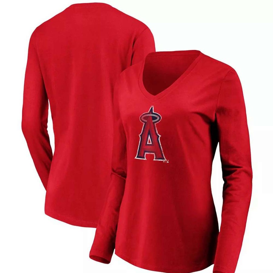 Tops * | Women'S Fanatics Branded Red Los Angeles Angels Core Team Long Sleeve V-Neck T-Shirt