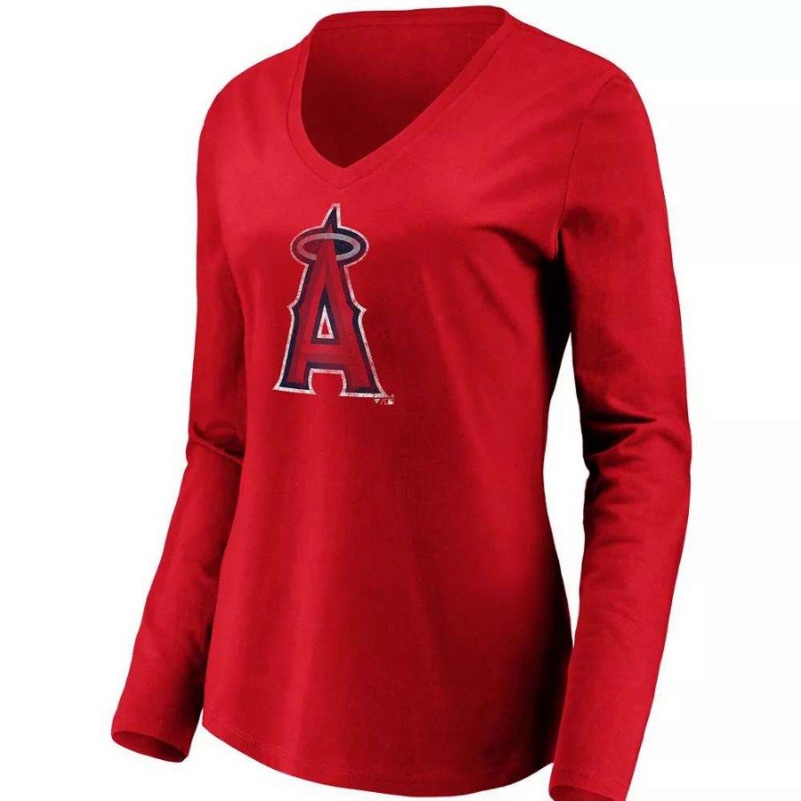 Tops * | Women'S Fanatics Branded Red Los Angeles Angels Core Team Long Sleeve V-Neck T-Shirt