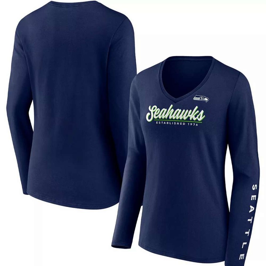 Tops * | Women'S Fanatics Branded College Navy Seattle Seahawks Drive Forward V-Neck Long Sleeve T-Shirt