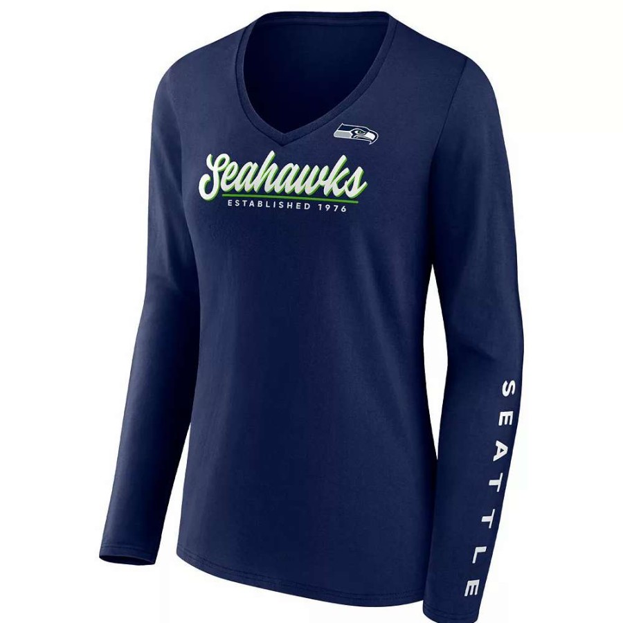 Tops * | Women'S Fanatics Branded College Navy Seattle Seahawks Drive Forward V-Neck Long Sleeve T-Shirt