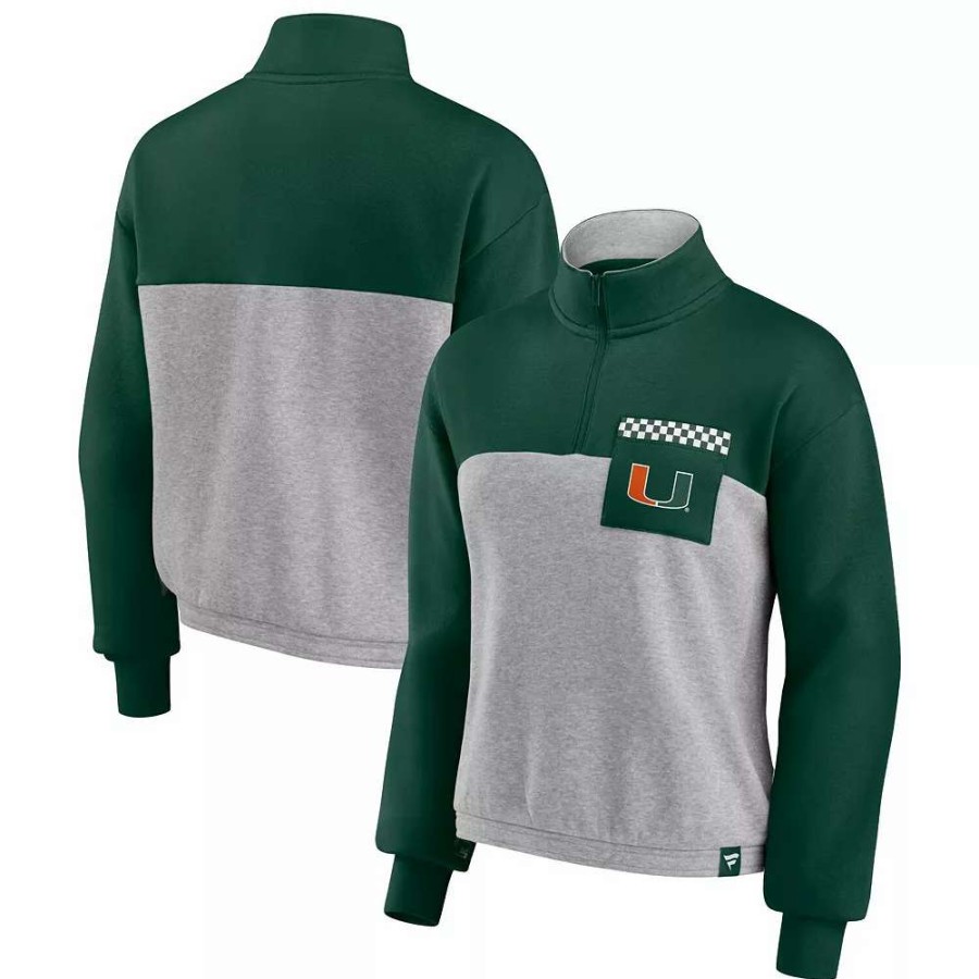 Outerwear * | Women'S Fanatics Branded Green/Heathered Gray Miami Hurricanes Sideline To Sideline Colorblock Quarter-Zip Jacket