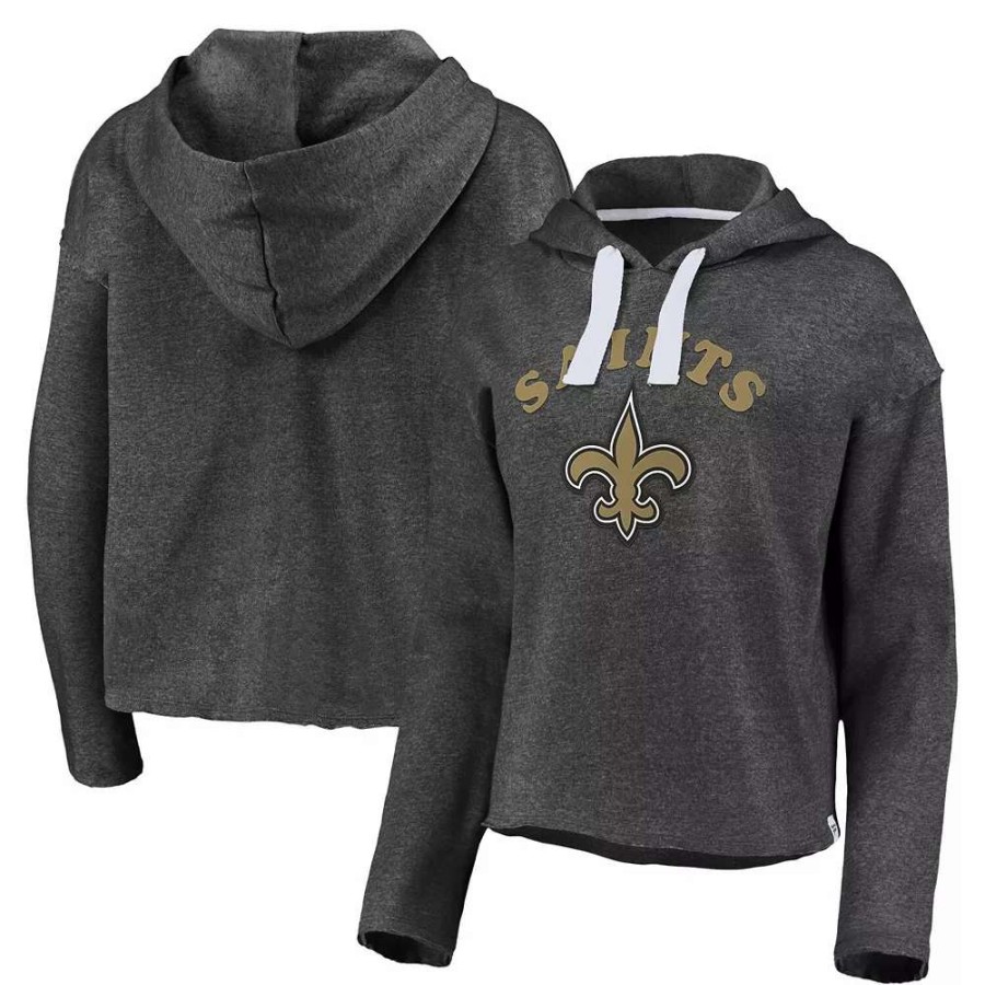 Tops * | Women'S Fanatics Branded Heathered Charcoal New Orleans Saints Historic Logo Sport Resort Vintage Arc Cropped Raw Edge Pullover Hoodie