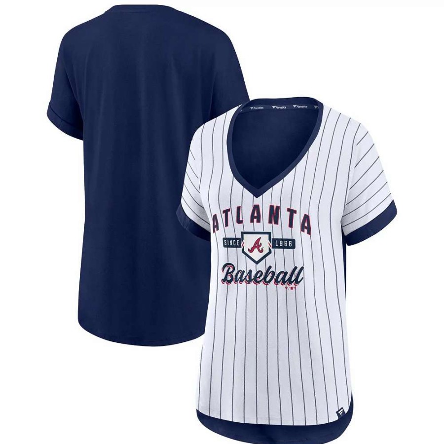 Tops * | Women'S Fanatics Branded White/Navy Atlanta Braves Iconic Noise Factor Pinstripe V-Neck T-Shirt