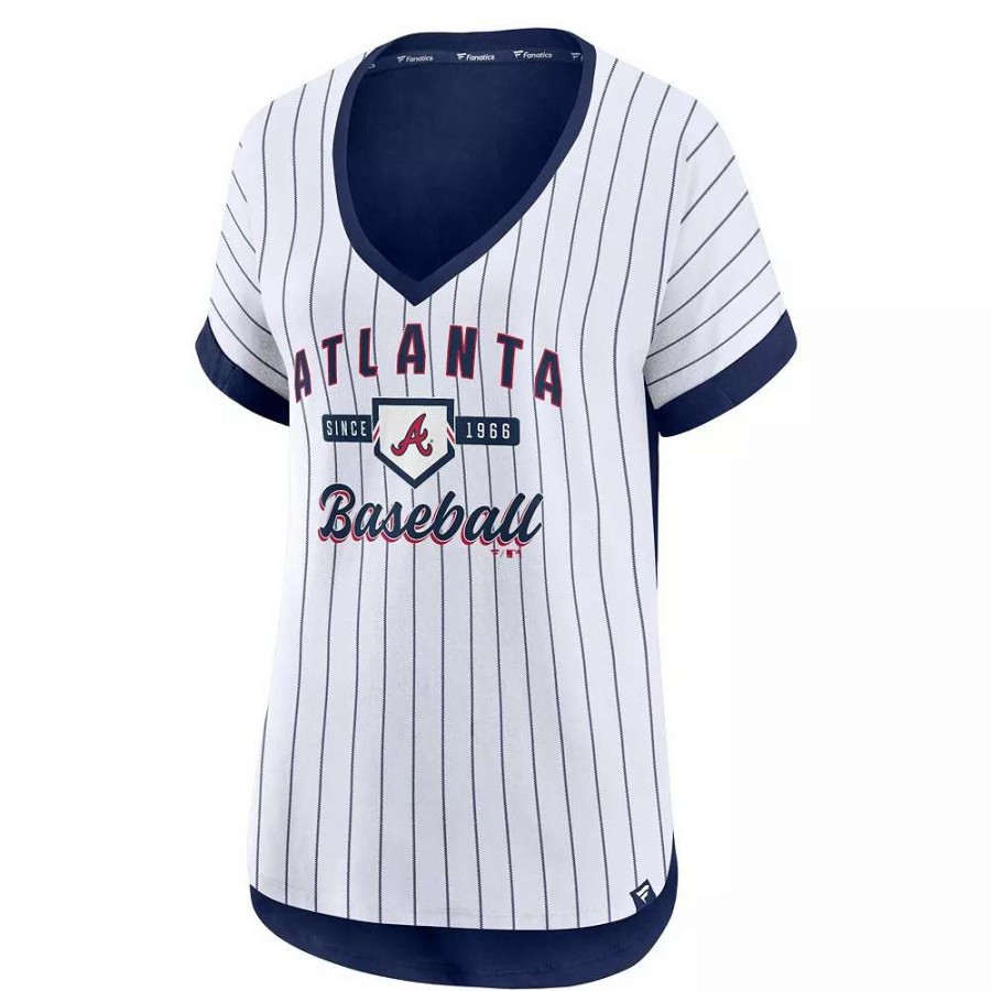 Tops * | Women'S Fanatics Branded White/Navy Atlanta Braves Iconic Noise Factor Pinstripe V-Neck T-Shirt