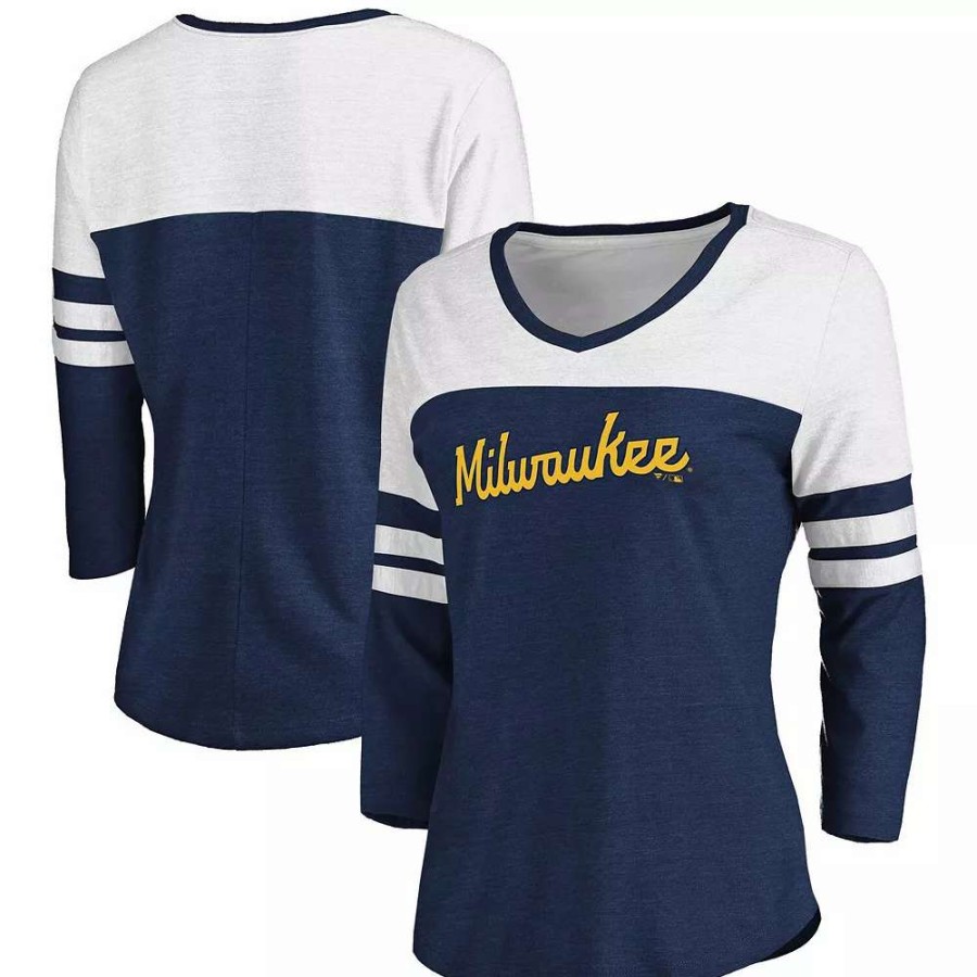 Tops * | Women'S Fanatics Branded Heathered Navy/White Milwaukee Brewers Official Wordmark 3/4 Sleeve V-Neck Tri-Blend T-Shirt