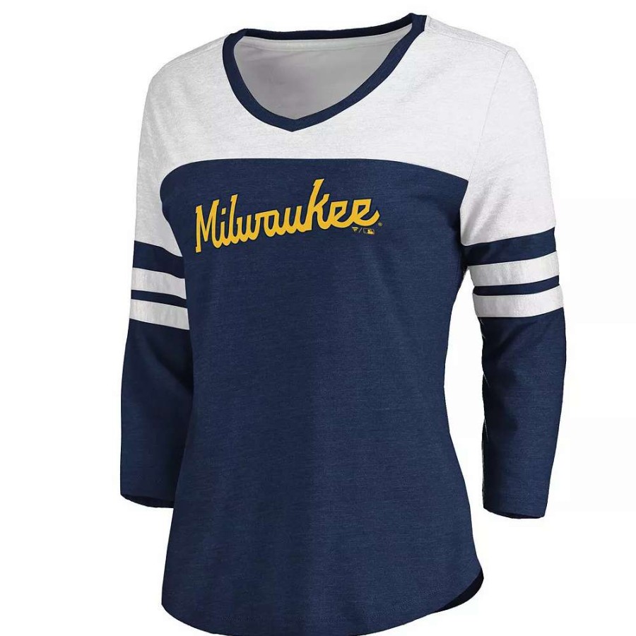 Tops * | Women'S Fanatics Branded Heathered Navy/White Milwaukee Brewers Official Wordmark 3/4 Sleeve V-Neck Tri-Blend T-Shirt