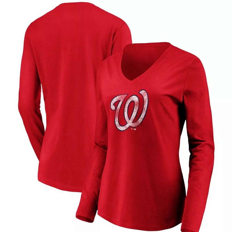 Tops * | Women'S Fanatics Branded Red Washington Nationals Core Team Long Sleeve V-Neck T-Shirt