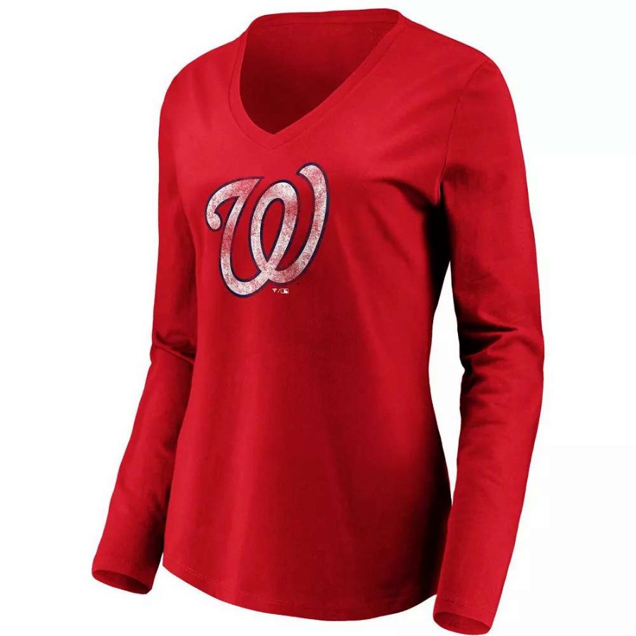 Tops * | Women'S Fanatics Branded Red Washington Nationals Core Team Long Sleeve V-Neck T-Shirt