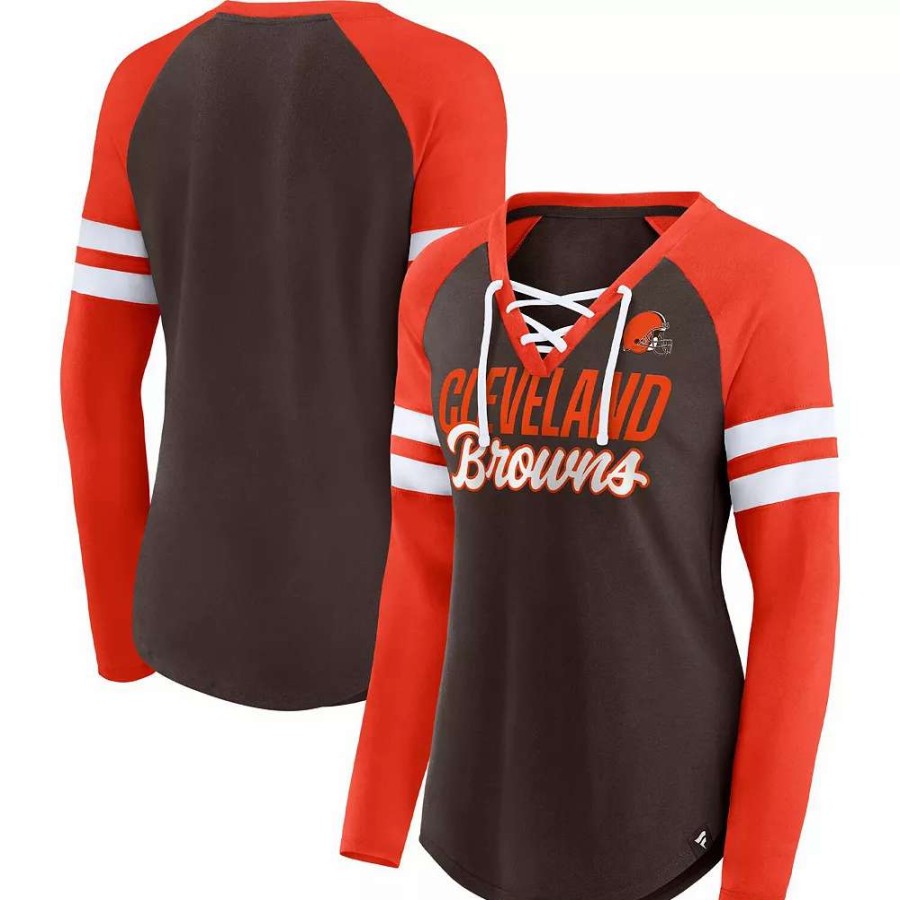 Tops * | Women'S Fanatics Branded Brown/Orange Cleveland Browns True To Form Raglan Lace-Up V-Neck Long Sleeve T-Shirt