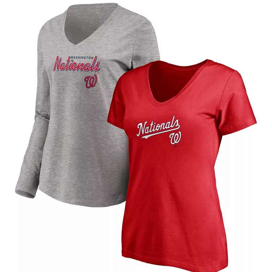 Tops * | Women'S Fanatics Branded Red/Heathered Gray Washington Nationals Team V-Neck T-Shirt Combo Set