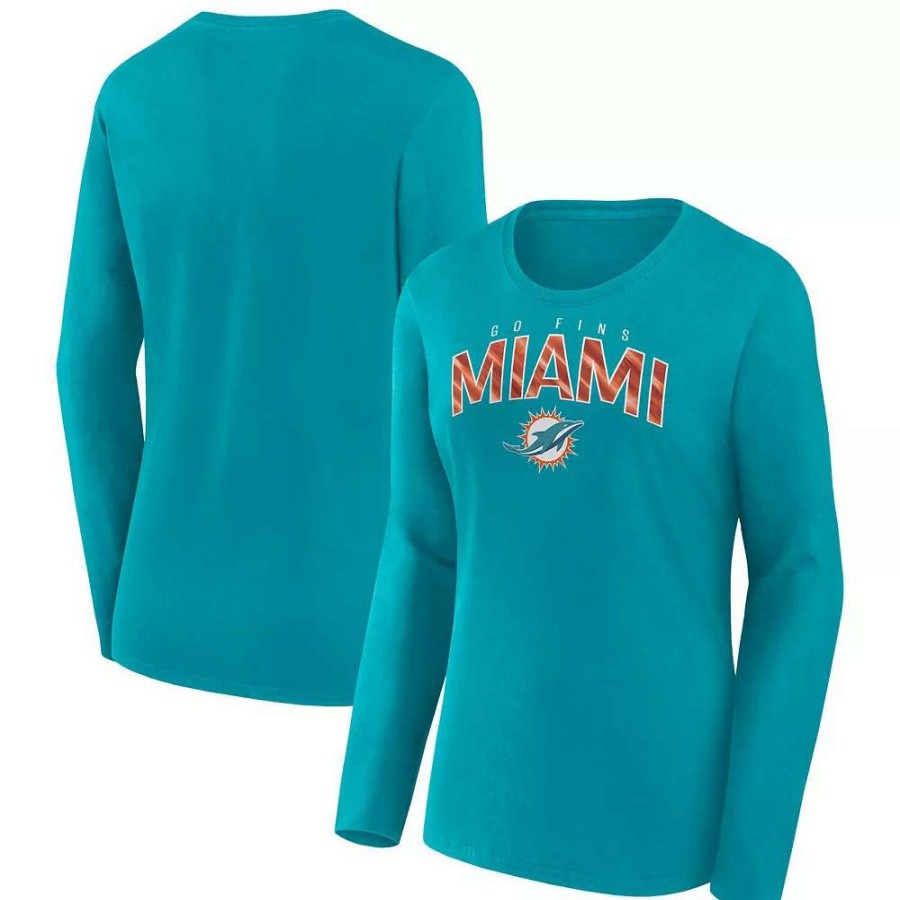 Tops * | Women'S Fanatics Branded Aqua Miami Dolphins Plus Size Measure Distance Scoop Neck Long Sleeve T-Shirt