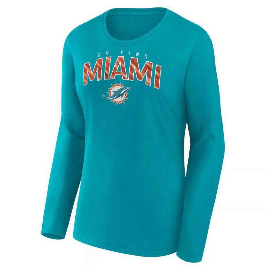 Tops * | Women'S Fanatics Branded Aqua Miami Dolphins Plus Size Measure Distance Scoop Neck Long Sleeve T-Shirt