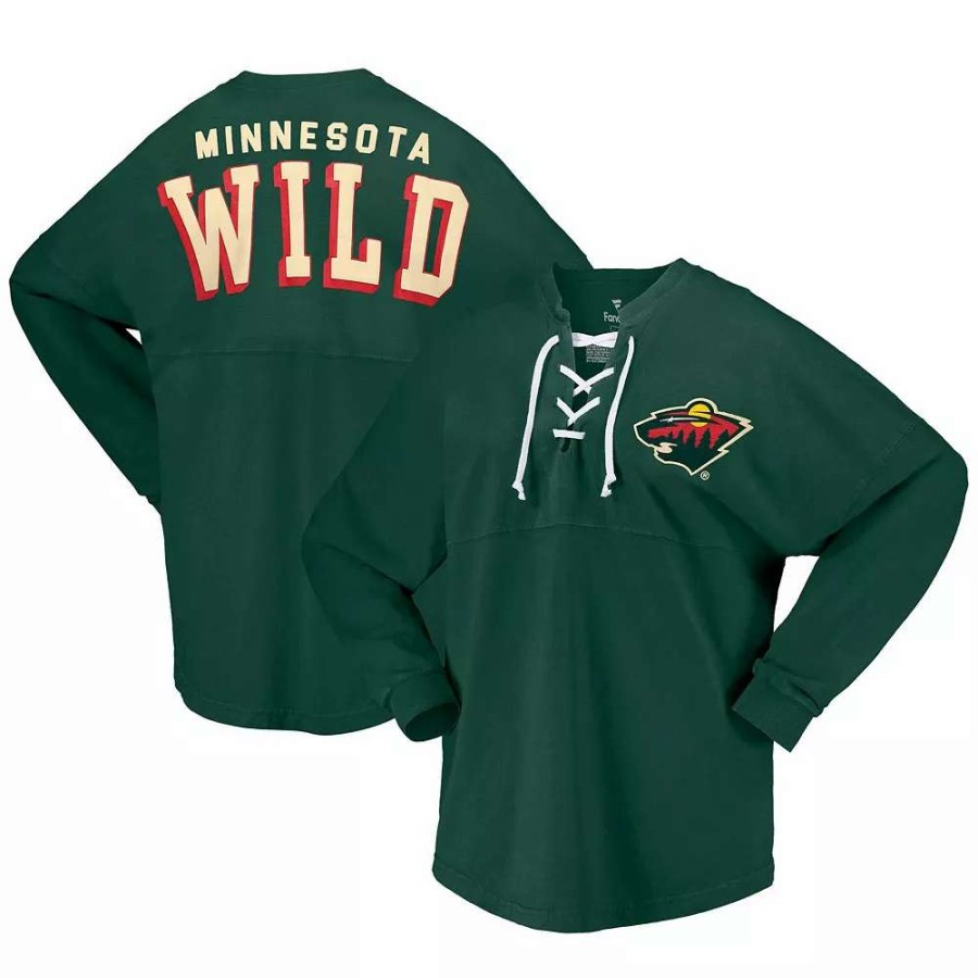 Tops * | Women'S Fanatics Branded Green Minnesota Wild Spirit Lace-Up V-Neck Long Sleeve Jersey T-Shirt