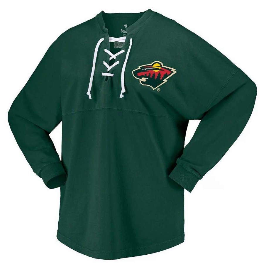 Tops * | Women'S Fanatics Branded Green Minnesota Wild Spirit Lace-Up V-Neck Long Sleeve Jersey T-Shirt