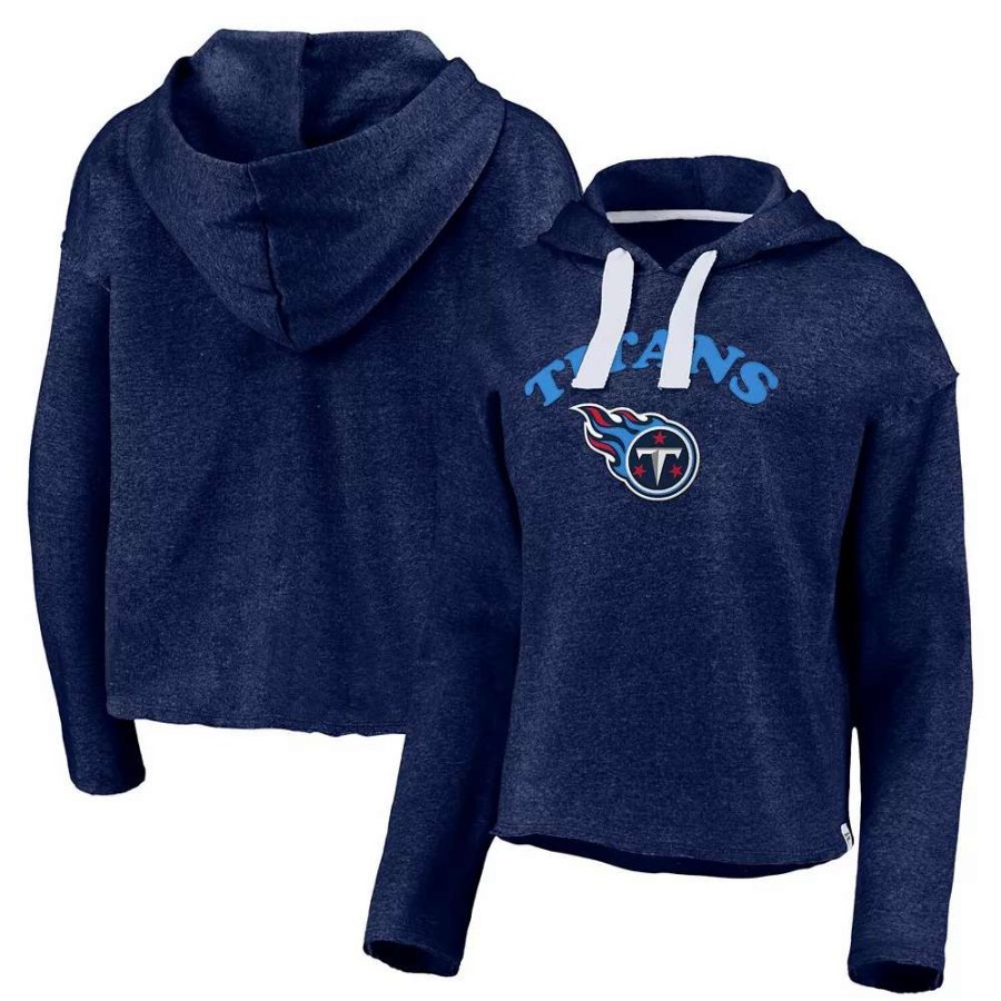 Tops * | Women'S Fanatics Branded Heathered Navy Tennessee Titans Historic Logo Sport Resort Vintage Arc Cropped Raw Edge Pullover Hoodie