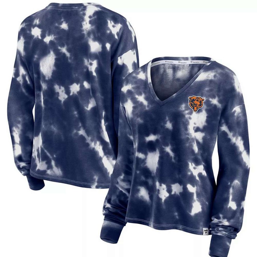 Tops * | Women'S Fanatics Branded White/Navy Chicago Bears Sport Resort Tie-Dye V-Neck Long Sleeve T-Shirt