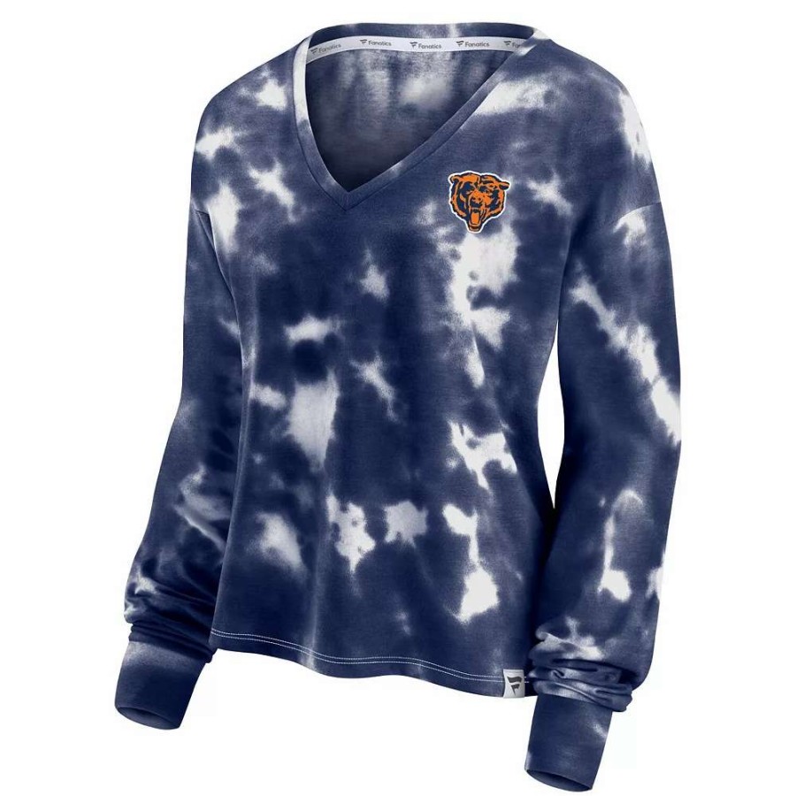 Tops * | Women'S Fanatics Branded White/Navy Chicago Bears Sport Resort Tie-Dye V-Neck Long Sleeve T-Shirt