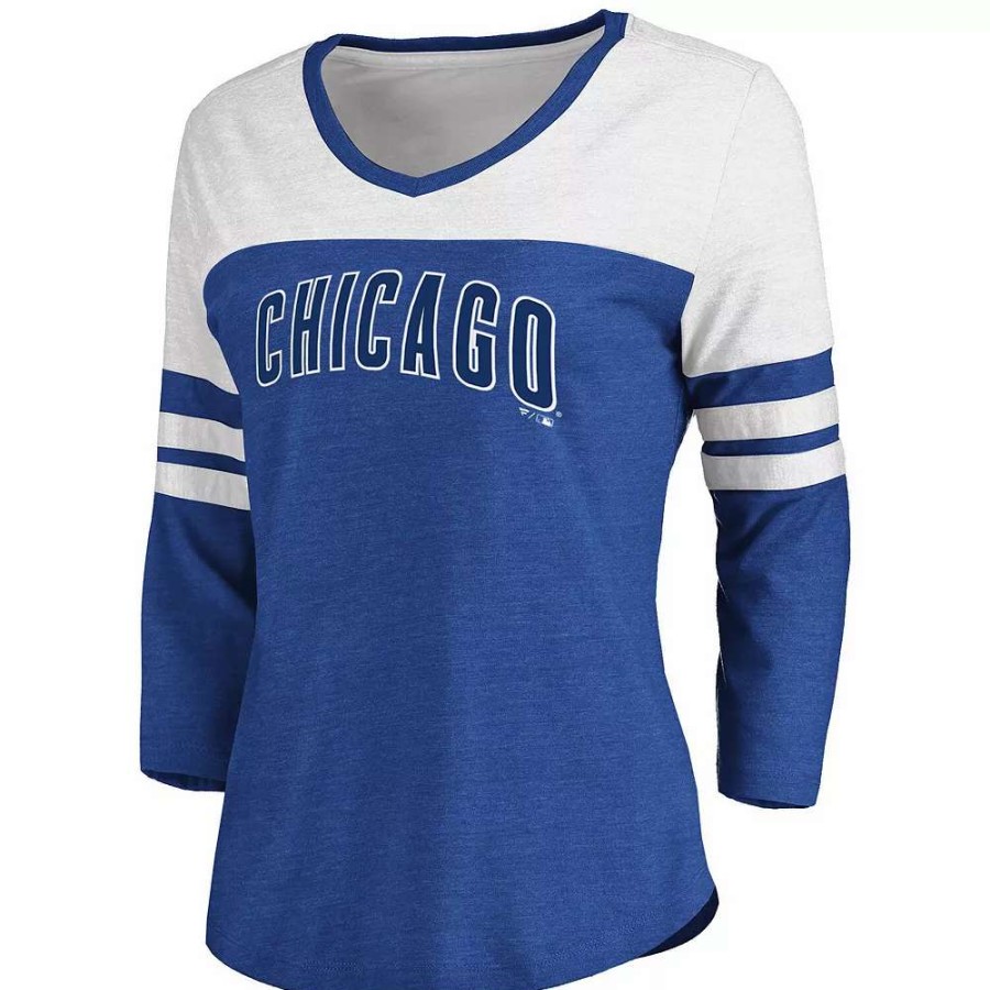 Tops * | Women'S Fanatics Branded Heathered Royal/White Chicago Cubs Official Wordmark 3/4 Sleeve V-Neck T-Shirt