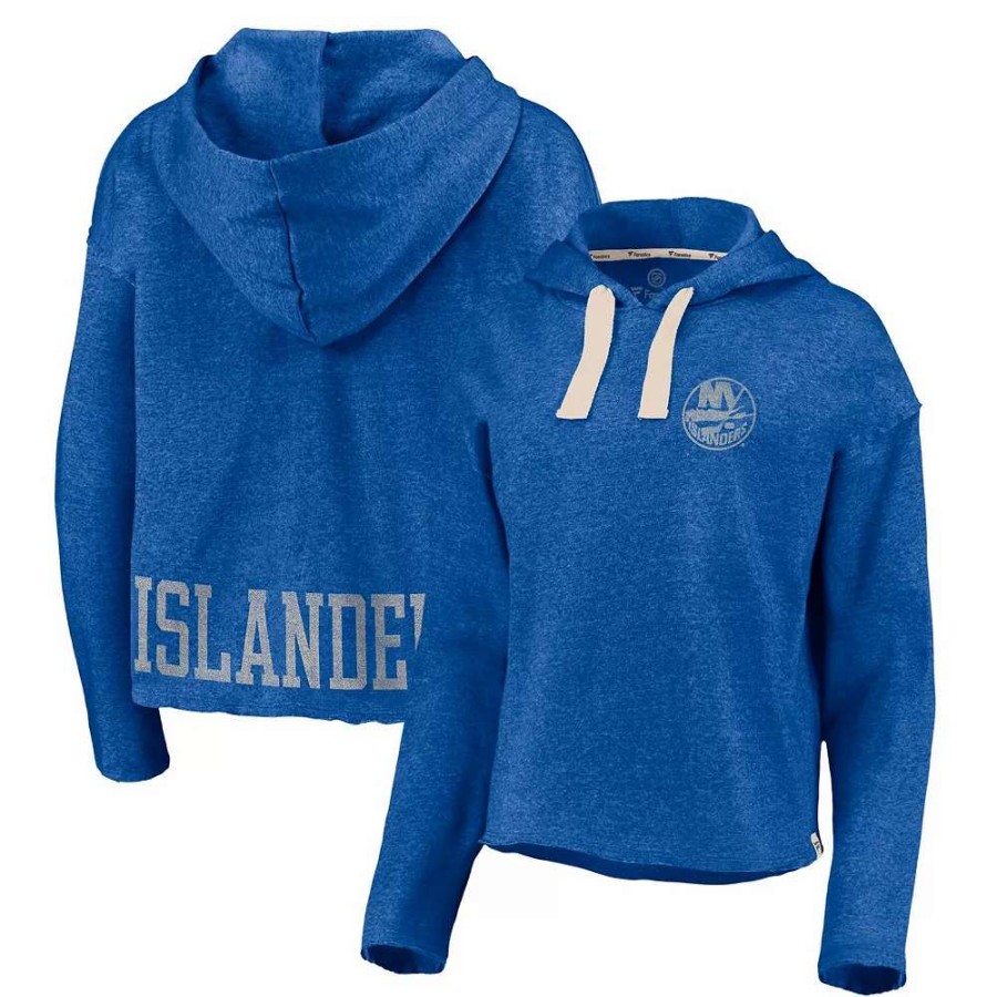 Tops * | Women'S Fanatics Branded Heathered Royal New York Islanders Cropped Raw Edge Pullover Hoodie