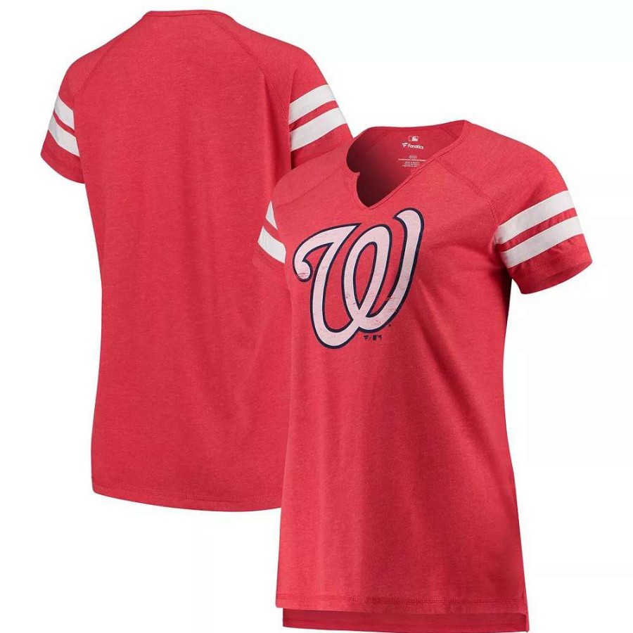 Tops * | Women'S Fanatics Branded Red/White Washington Nationals Tri-Blend Wordmark Notch Neck T-Shirt