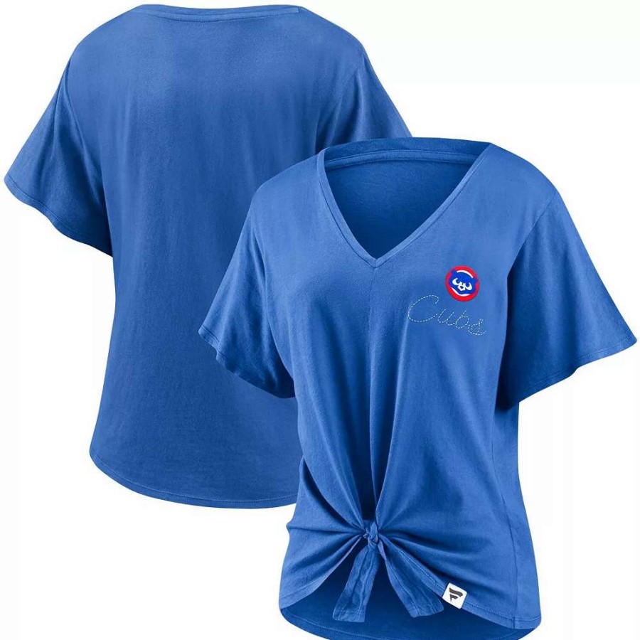 Tops * | Women'S Fanatics Branded Royal Chicago Cubs Sport Resort Script Washed Tie Front V-Neck T-Shirt