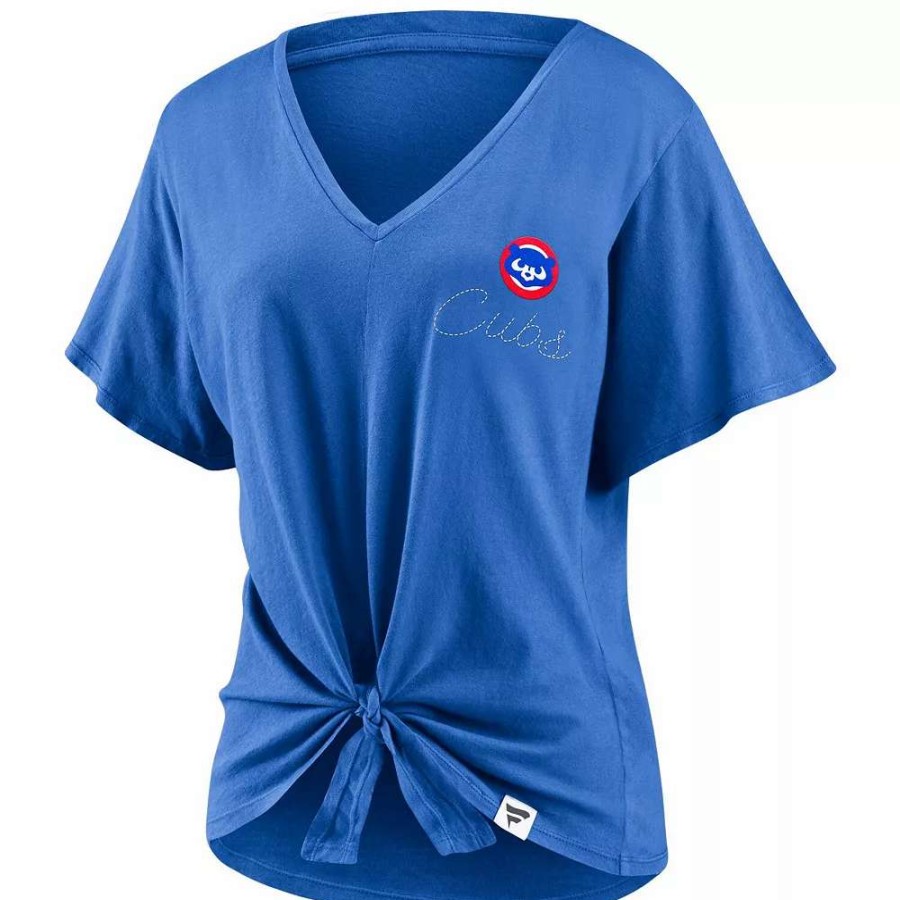 Tops * | Women'S Fanatics Branded Royal Chicago Cubs Sport Resort Script Washed Tie Front V-Neck T-Shirt