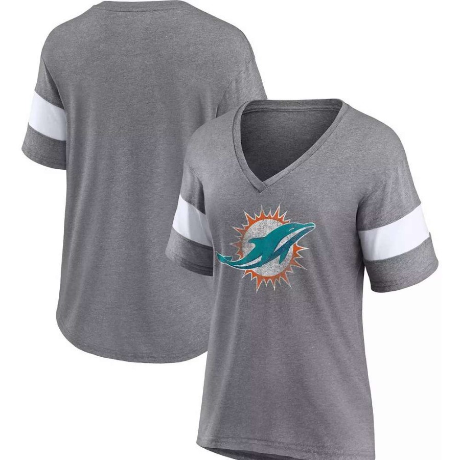 Tops * | Women'S Fanatics Branded Heathered Gray/White Miami Dolphins Distressed Team Tri-Blend V-Neck T-Shirt