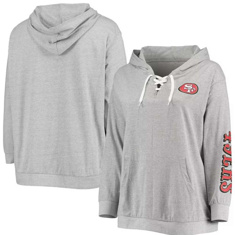 Tops * | Women'S Fanatics Branded Heathered Gray San Francisco 49Ers Plus Size Lace-Up Pullover Hoodie