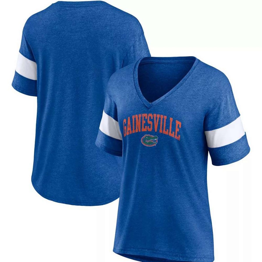 Tops * | Women'S Fanatics Branded Heathered Royal Florida Gators Arched City Sleeve-Striped Tri-Blend V-Neck T-Shirt