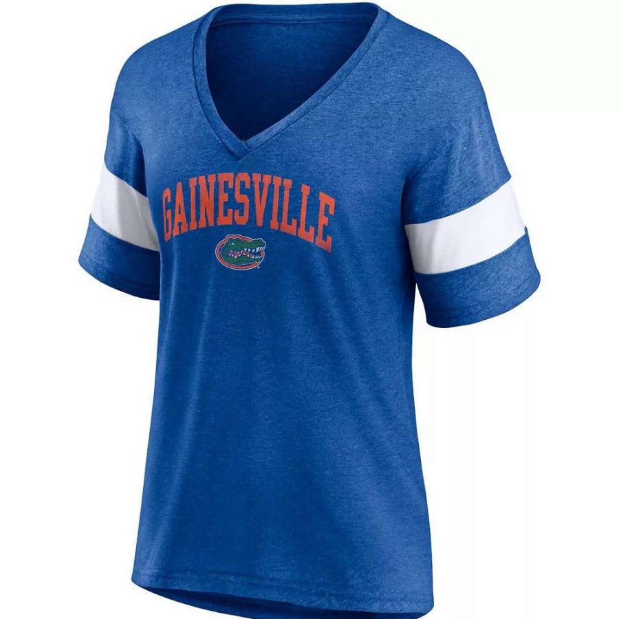 Tops * | Women'S Fanatics Branded Heathered Royal Florida Gators Arched City Sleeve-Striped Tri-Blend V-Neck T-Shirt