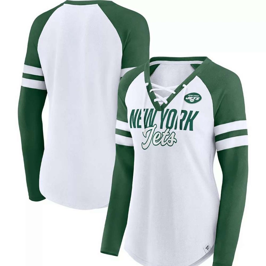 Tops * | Women'S Fanatics Branded White/Green New York Jets True To Form Raglan Lace-Up V-Neck Long Sleeve T-Shirt