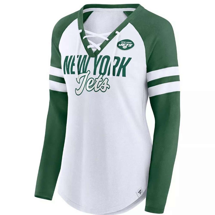 Tops * | Women'S Fanatics Branded White/Green New York Jets True To Form Raglan Lace-Up V-Neck Long Sleeve T-Shirt