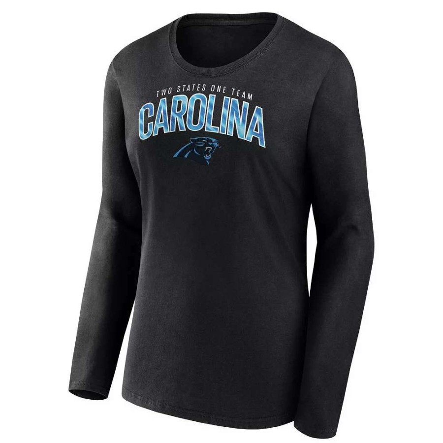 Tops * | Women'S Fanatics Branded Black Carolina Panthers Plus Size Measure Distance Scoop Neck Long Sleeve T-Shirt