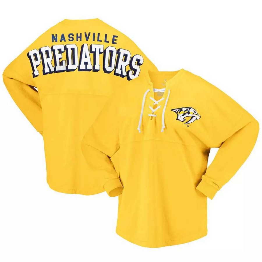 Tops * | Women'S Fanatics Branded Gold Nashville Predators Spirit Lace-Up V-Neck Long Sleeve Jersey T-Shirt