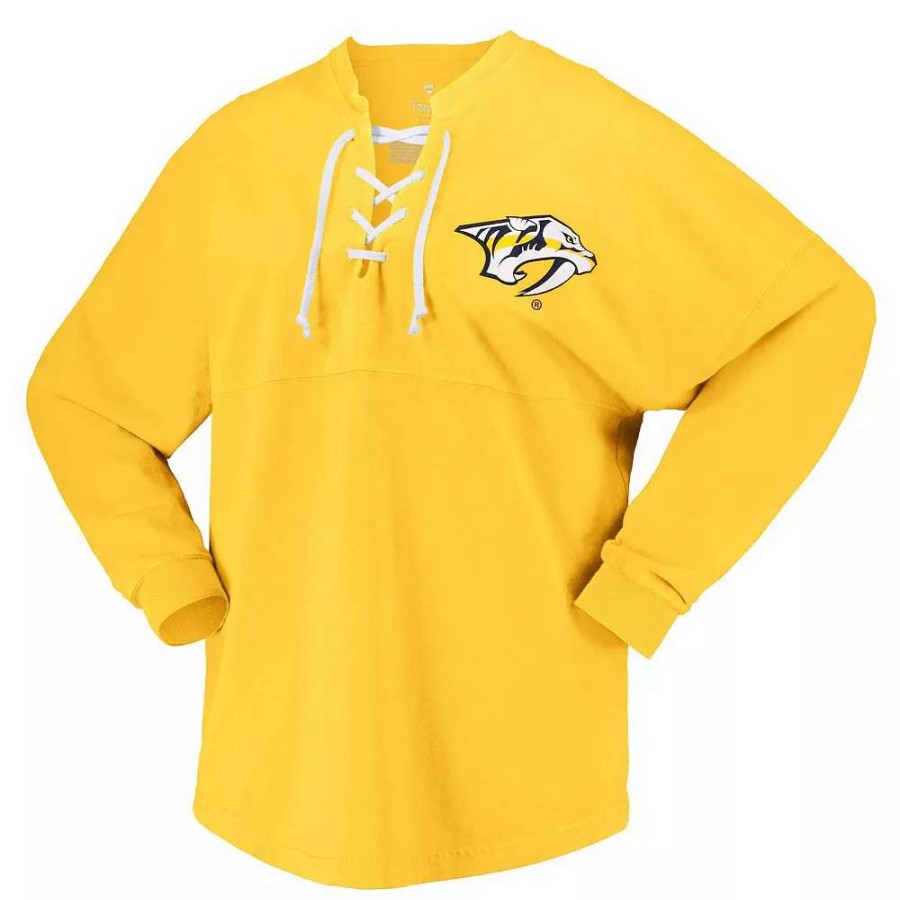 Tops * | Women'S Fanatics Branded Gold Nashville Predators Spirit Lace-Up V-Neck Long Sleeve Jersey T-Shirt