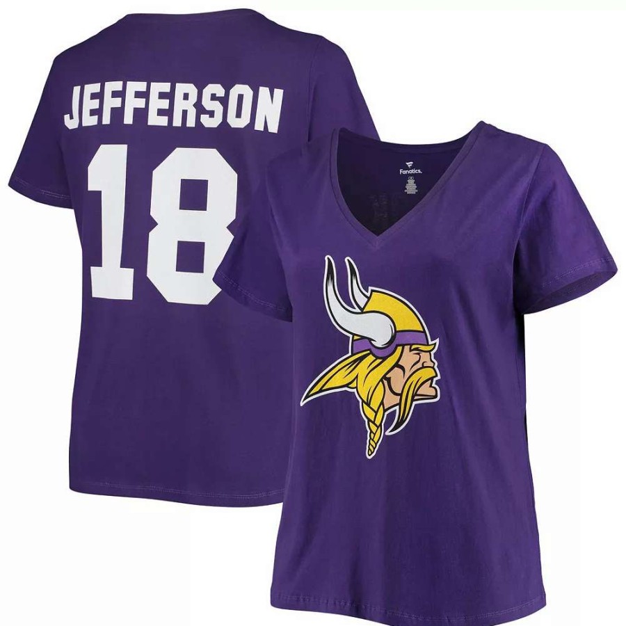 Tops * | Women'S Fanatics Branded Justin Jefferson Purple Minnesota Vikings Plus Size Name & Number V-Neck T-Shirt