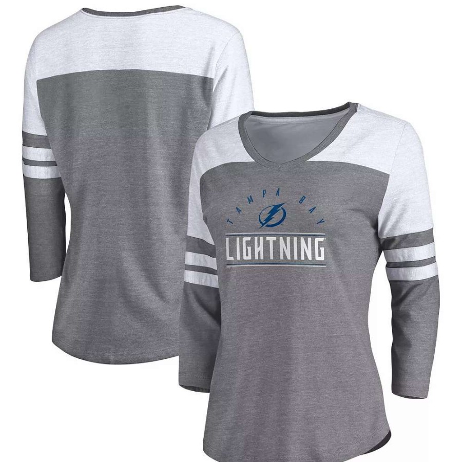 Tops * | Women'S Fanatics Branded Heather Gray/White Tampa Bay Lightning League Leader V-Neck Tri-Blend 3/4-Sleeve T-Shirt