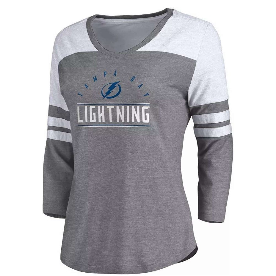 Tops * | Women'S Fanatics Branded Heather Gray/White Tampa Bay Lightning League Leader V-Neck Tri-Blend 3/4-Sleeve T-Shirt