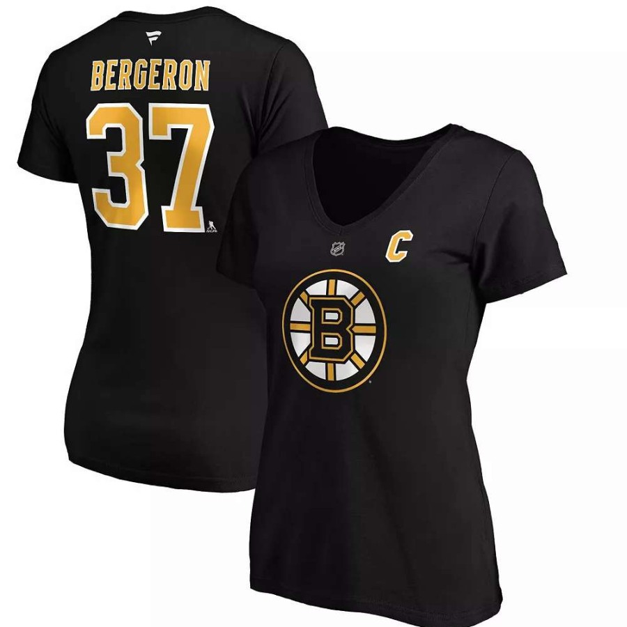 Tops * | Women'S Fanatics Branded Patrice Bergeron Black Boston Bruins Captain Patch Authentic Stack Name & Number V-Neck T-Shirt