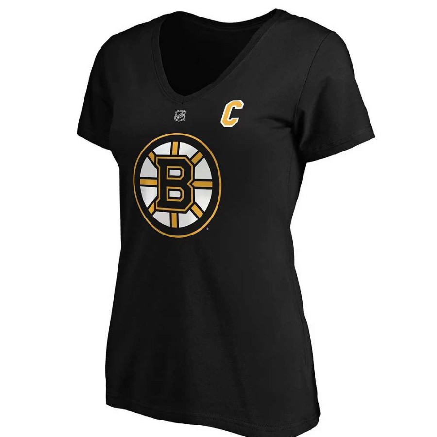 Tops * | Women'S Fanatics Branded Patrice Bergeron Black Boston Bruins Captain Patch Authentic Stack Name & Number V-Neck T-Shirt