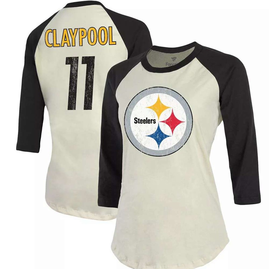 Tops * | Women'S Fanatics Branded Chase Claypool Cream/Black Pittsburgh Steelers Player Raglan Name & Number 3/4-Sleeve T-Shirt