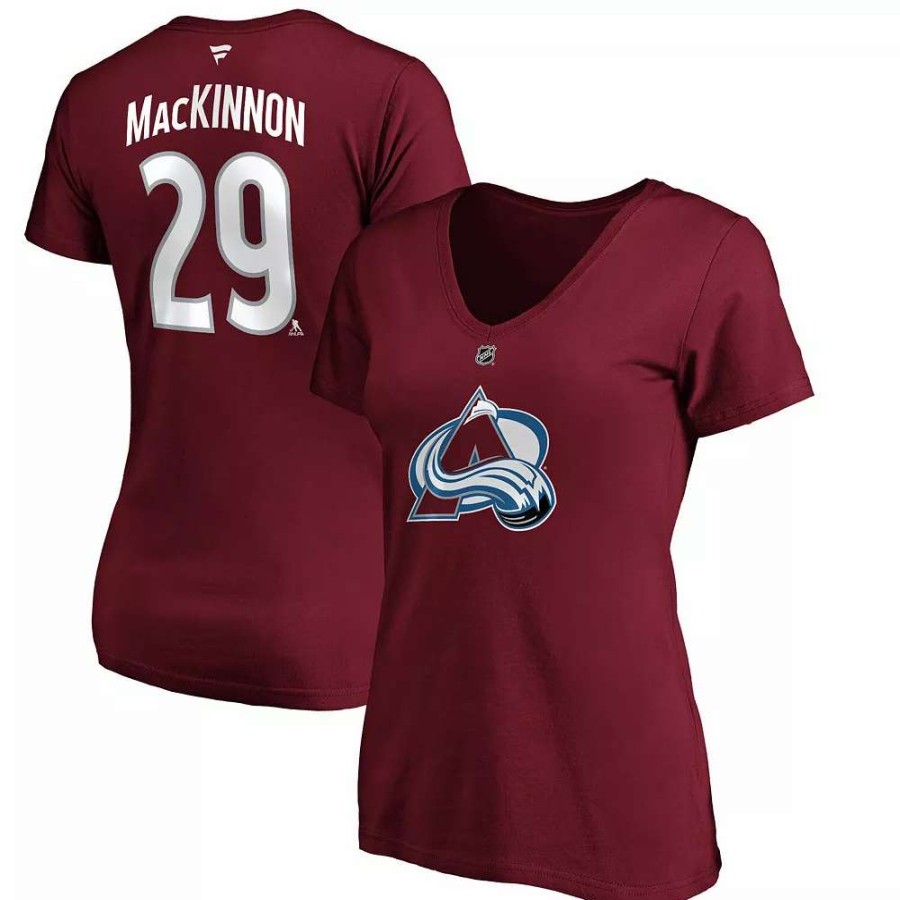 Tops * | Women'S Fanatics Branded Nathan Mackinnon Burgundy Colorado Avalanche Team Authentic Stack Name & Number V-Neck T-Shirt