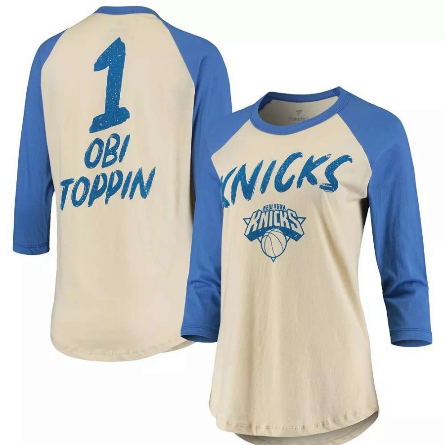 Tops * | Women'S Fanatics Branded Obi Toppin Cream New York Knicks Nba 3/4-Sleeve Raglan T-Shirt