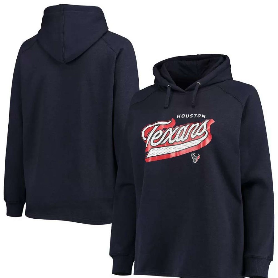 Tops * | Women'S Fanatics Branded Navy Houston Texans Plus Size First Contact Raglan Pullover Hoodie