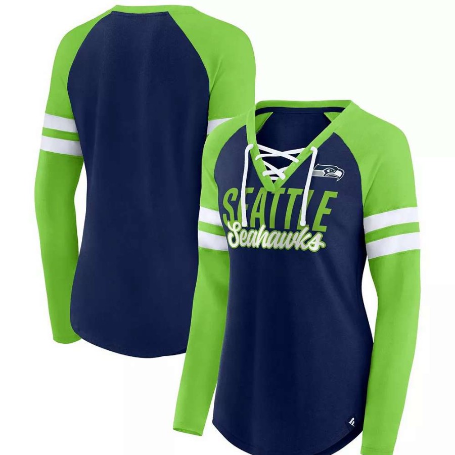 Tops * | Women'S Fanatics Branded College Navy/Neon Green Seattle Seahawks True To Form Raglan Lace-Up V-Neck Long Sleeve T-Shirt