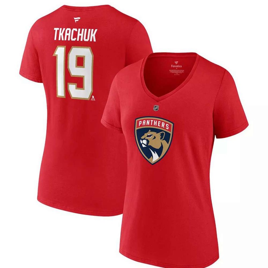 Tops * | Women'S Fanatics Branded Matthew Tkachuk Red Florida Panthers Authentic Stack Name & Number V-Neck T-Shirt